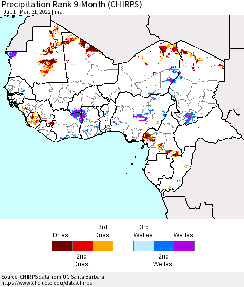 Western Africa Precipitation Rank since 1981, 9-Month (CHIRPS) Thematic Map For 7/1/2021 - 3/31/2022