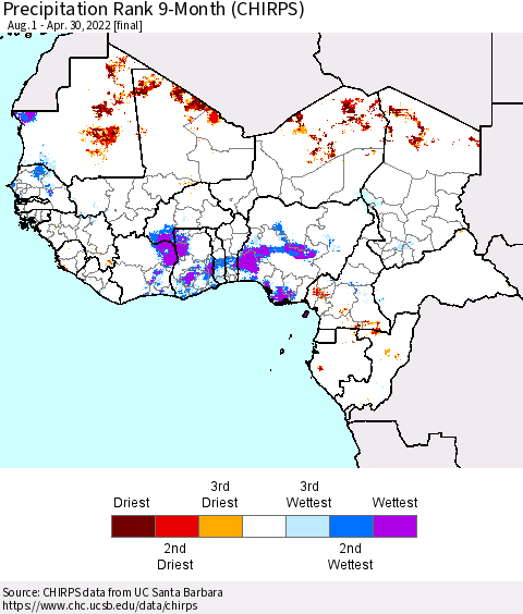 Western Africa Precipitation Rank since 1981, 9-Month (CHIRPS) Thematic Map For 8/1/2021 - 4/30/2022
