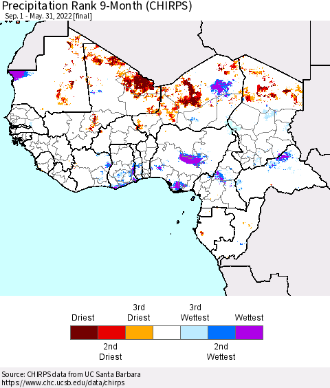 Western Africa Precipitation Rank since 1981, 9-Month (CHIRPS) Thematic Map For 9/1/2021 - 5/31/2022