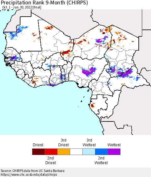 Western Africa Precipitation Rank since 1981, 9-Month (CHIRPS) Thematic Map For 10/1/2021 - 6/30/2022
