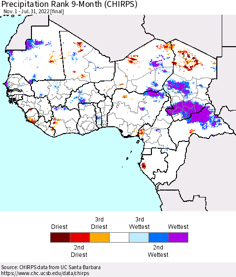 Western Africa Precipitation Rank since 1981, 9-Month (CHIRPS) Thematic Map For 11/1/2021 - 7/31/2022