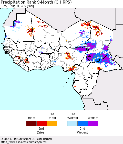Western Africa Precipitation Rank since 1981, 9-Month (CHIRPS) Thematic Map For 12/1/2021 - 8/31/2022