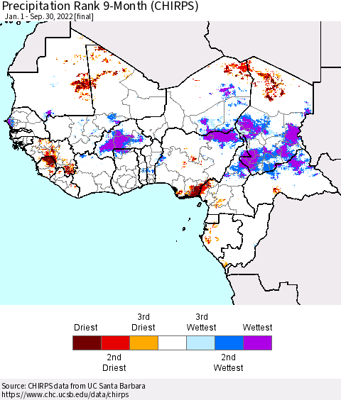 Western Africa Precipitation Rank since 1981, 9-Month (CHIRPS) Thematic Map For 1/1/2022 - 9/30/2022
