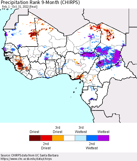 Western Africa Precipitation Rank since 1981, 9-Month (CHIRPS) Thematic Map For 2/1/2022 - 10/31/2022