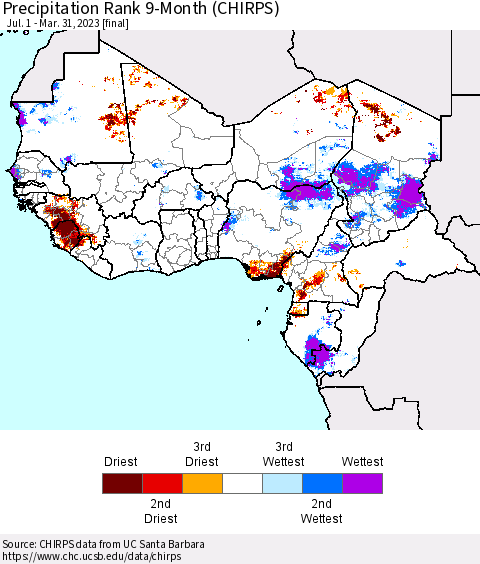 Western Africa Precipitation Rank since 1981, 9-Month (CHIRPS) Thematic Map For 7/1/2022 - 3/31/2023