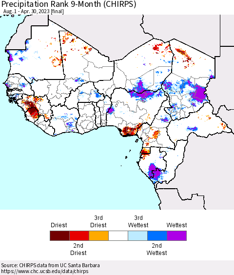Western Africa Precipitation Rank since 1981, 9-Month (CHIRPS) Thematic Map For 8/1/2022 - 4/30/2023