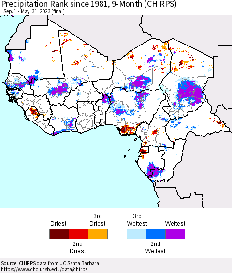 Western Africa Precipitation Rank since 1981, 9-Month (CHIRPS) Thematic Map For 9/1/2022 - 5/31/2023