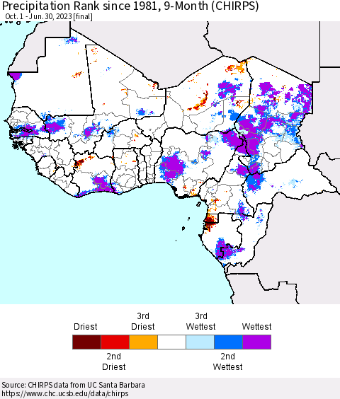 Western Africa Precipitation Rank since 1981, 9-Month (CHIRPS) Thematic Map For 10/1/2022 - 6/30/2023