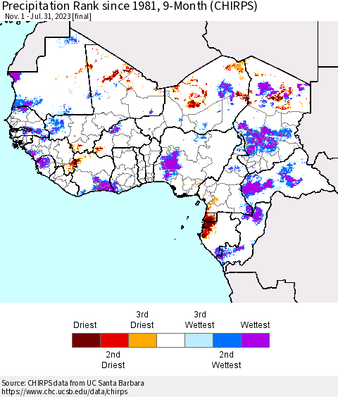 Western Africa Precipitation Rank since 1981, 9-Month (CHIRPS) Thematic Map For 11/1/2022 - 7/31/2023