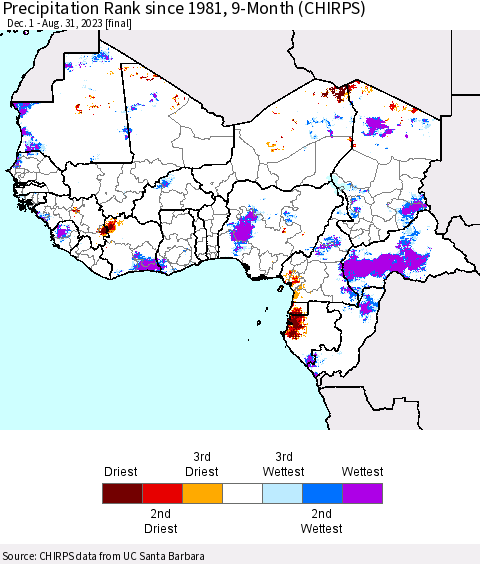 Western Africa Precipitation Rank since 1981, 9-Month (CHIRPS) Thematic Map For 12/1/2022 - 8/31/2023