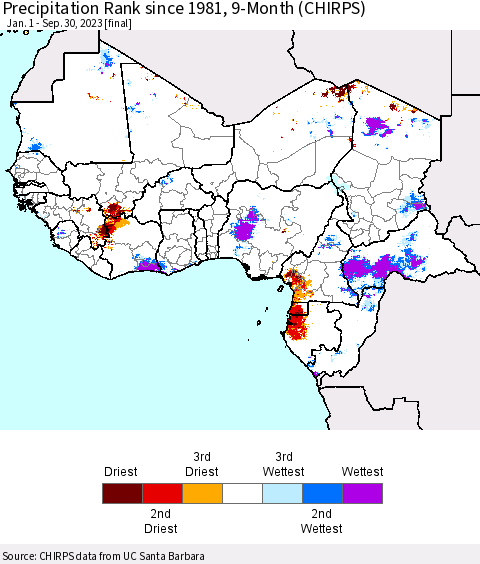 Western Africa Precipitation Rank since 1981, 9-Month (CHIRPS) Thematic Map For 1/1/2023 - 9/30/2023