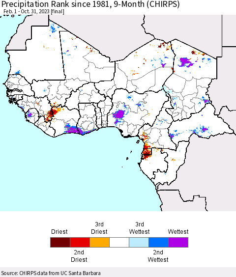 Western Africa Precipitation Rank since 1981, 9-Month (CHIRPS) Thematic Map For 2/1/2023 - 10/31/2023