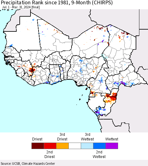 Western Africa Precipitation Rank since 1981, 9-Month (CHIRPS) Thematic Map For 7/1/2023 - 3/31/2024