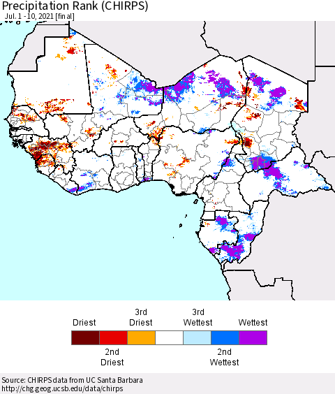 Western Africa Precipitation Rank since 1981 (CHIRPS) Thematic Map For 7/1/2021 - 7/10/2021