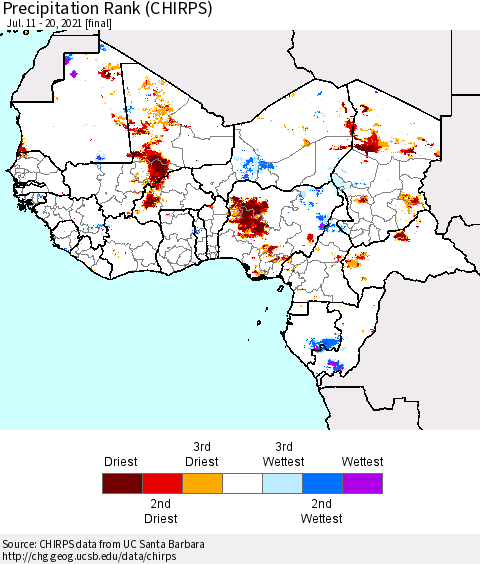 Western Africa Precipitation Rank since 1981 (CHIRPS) Thematic Map For 7/11/2021 - 7/20/2021