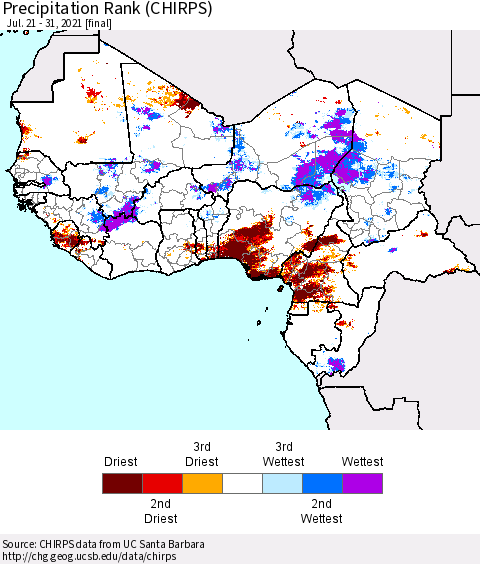 Western Africa Precipitation Rank since 1981 (CHIRPS) Thematic Map For 7/21/2021 - 7/31/2021