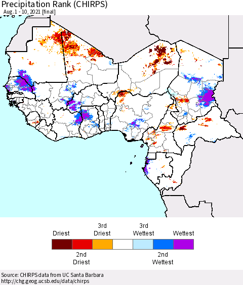 Western Africa Precipitation Rank since 1981 (CHIRPS) Thematic Map For 8/1/2021 - 8/10/2021