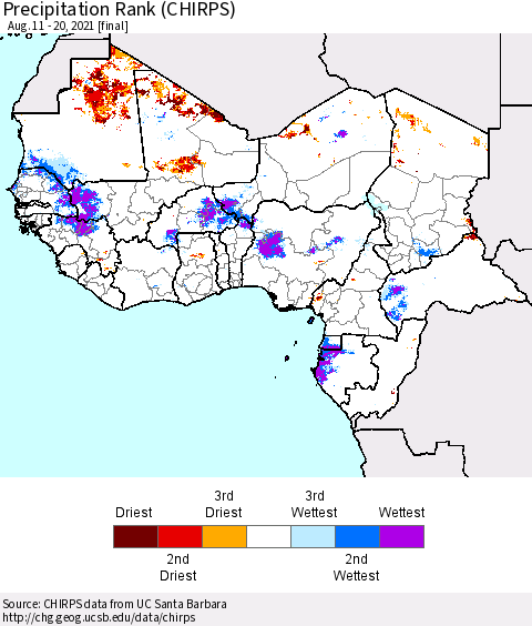 Western Africa Precipitation Rank since 1981 (CHIRPS) Thematic Map For 8/11/2021 - 8/20/2021