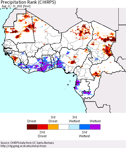Western Africa Precipitation Rank since 1981 (CHIRPS) Thematic Map For 8/21/2021 - 8/31/2021