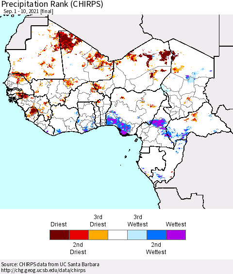 Western Africa Precipitation Rank since 1981 (CHIRPS) Thematic Map For 9/1/2021 - 9/10/2021
