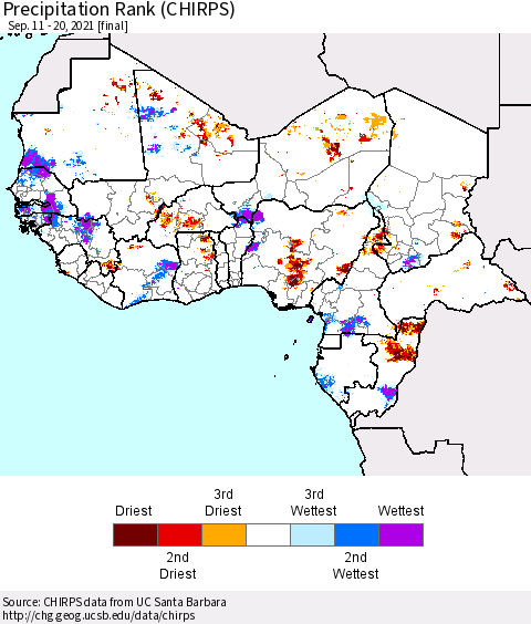 Western Africa Precipitation Rank since 1981 (CHIRPS) Thematic Map For 9/11/2021 - 9/20/2021