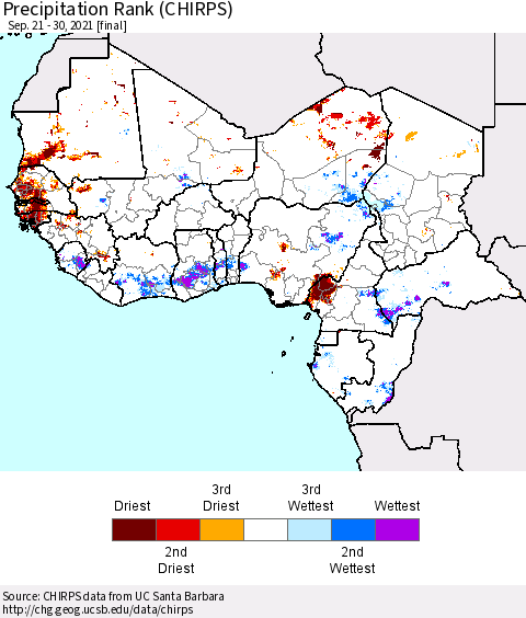 Western Africa Precipitation Rank since 1981 (CHIRPS) Thematic Map For 9/21/2021 - 9/30/2021