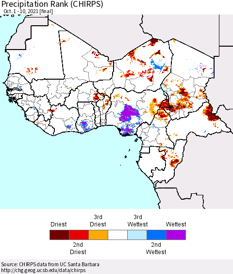 Western Africa Precipitation Rank since 1981 (CHIRPS) Thematic Map For 10/1/2021 - 10/10/2021