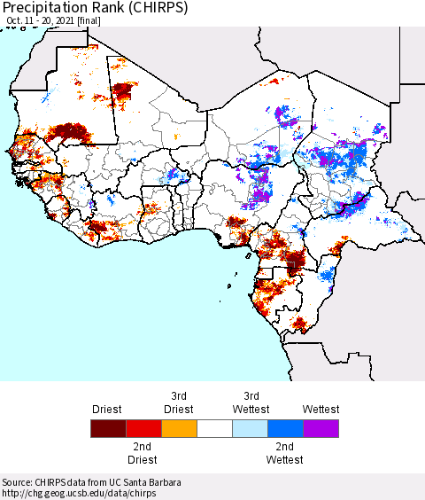Western Africa Precipitation Rank since 1981 (CHIRPS) Thematic Map For 10/11/2021 - 10/20/2021