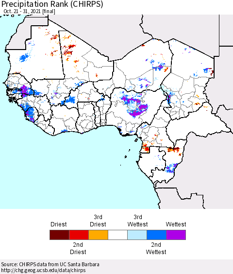 Western Africa Precipitation Rank since 1981 (CHIRPS) Thematic Map For 10/21/2021 - 10/31/2021