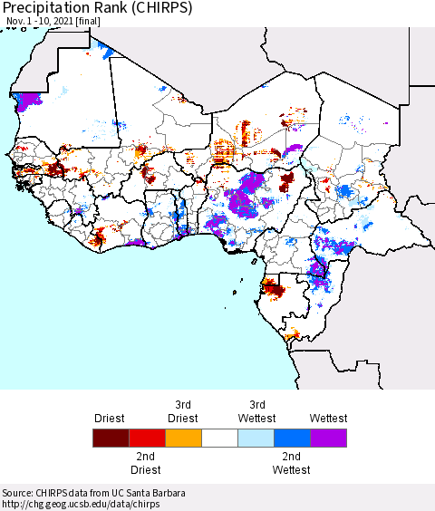 Western Africa Precipitation Rank since 1981 (CHIRPS) Thematic Map For 11/1/2021 - 11/10/2021