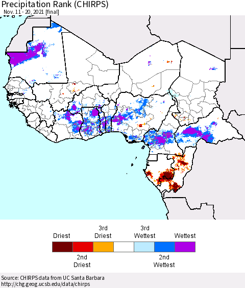 Western Africa Precipitation Rank since 1981 (CHIRPS) Thematic Map For 11/11/2021 - 11/20/2021