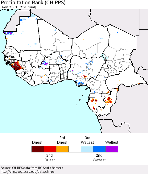 Western Africa Precipitation Rank since 1981 (CHIRPS) Thematic Map For 11/21/2021 - 11/30/2021