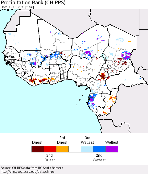 Western Africa Precipitation Rank since 1981 (CHIRPS) Thematic Map For 12/1/2021 - 12/10/2021