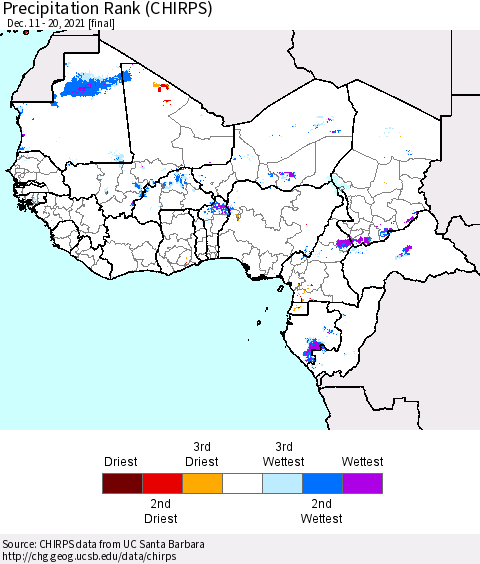 Western Africa Precipitation Rank since 1981 (CHIRPS) Thematic Map For 12/11/2021 - 12/20/2021