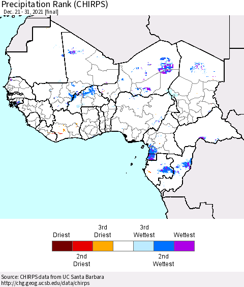 Western Africa Precipitation Rank since 1981 (CHIRPS) Thematic Map For 12/21/2021 - 12/31/2021
