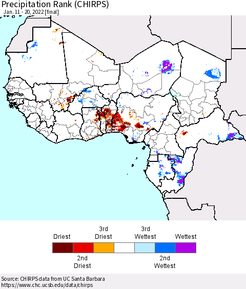 Western Africa Precipitation Rank since 1981 (CHIRPS) Thematic Map For 1/11/2022 - 1/20/2022