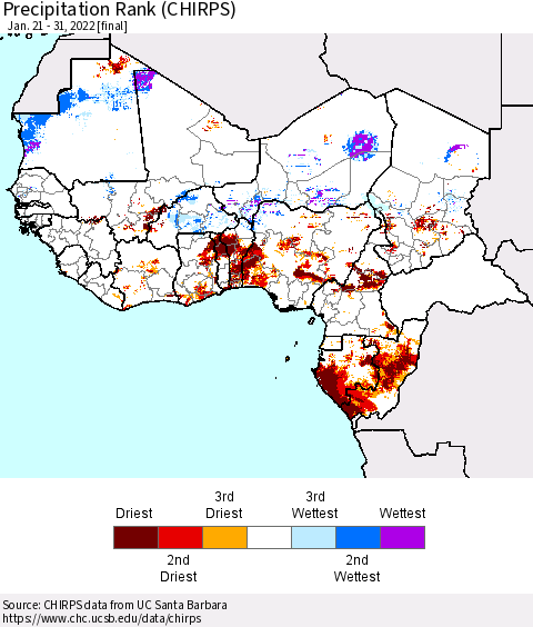 Western Africa Precipitation Rank since 1981 (CHIRPS) Thematic Map For 1/21/2022 - 1/31/2022
