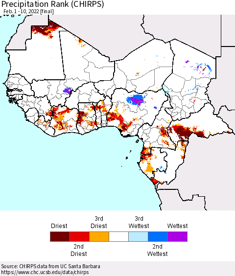 Western Africa Precipitation Rank since 1981 (CHIRPS) Thematic Map For 2/1/2022 - 2/10/2022