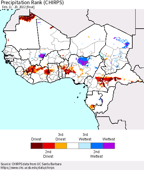 Western Africa Precipitation Rank since 1981 (CHIRPS) Thematic Map For 2/11/2022 - 2/20/2022