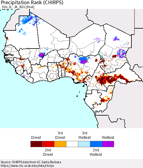 Western Africa Precipitation Rank since 1981 (CHIRPS) Thematic Map For 2/21/2022 - 2/28/2022