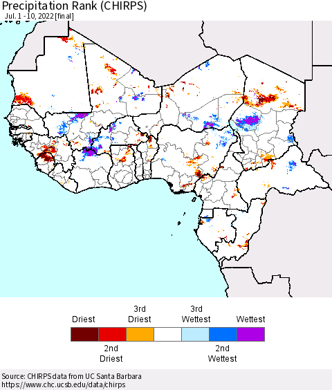 Western Africa Precipitation Rank since 1981 (CHIRPS) Thematic Map For 7/1/2022 - 7/10/2022