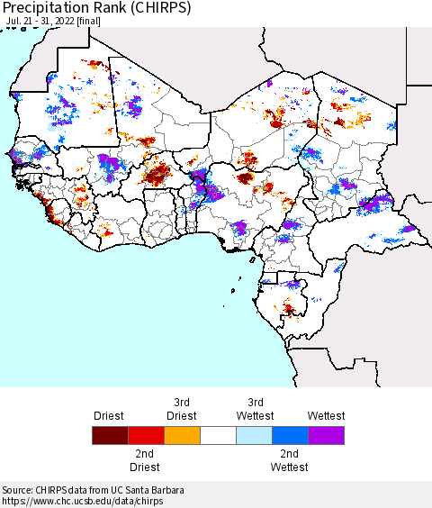 Western Africa Precipitation Rank since 1981 (CHIRPS) Thematic Map For 7/21/2022 - 7/31/2022