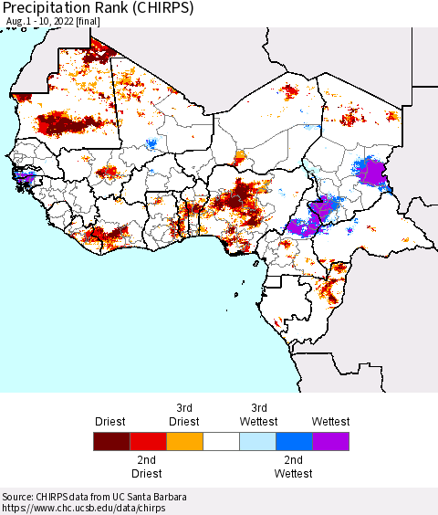 Western Africa Precipitation Rank since 1981 (CHIRPS) Thematic Map For 8/1/2022 - 8/10/2022