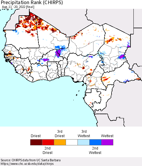 Western Africa Precipitation Rank since 1981 (CHIRPS) Thematic Map For 8/11/2022 - 8/20/2022