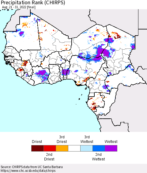 Western Africa Precipitation Rank since 1981 (CHIRPS) Thematic Map For 8/21/2022 - 8/31/2022