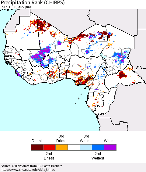 Western Africa Precipitation Rank since 1981 (CHIRPS) Thematic Map For 9/1/2022 - 9/10/2022