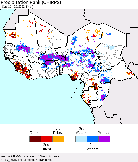 Western Africa Precipitation Rank since 1981 (CHIRPS) Thematic Map For 9/11/2022 - 9/20/2022