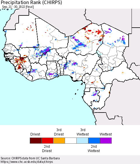 Western Africa Precipitation Rank since 1981 (CHIRPS) Thematic Map For 9/21/2022 - 9/30/2022