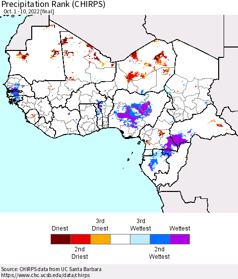 Western Africa Precipitation Rank since 1981 (CHIRPS) Thematic Map For 10/1/2022 - 10/10/2022