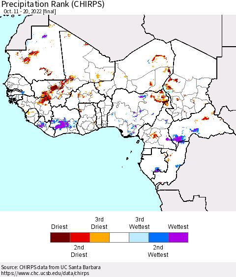 Western Africa Precipitation Rank since 1981 (CHIRPS) Thematic Map For 10/11/2022 - 10/20/2022